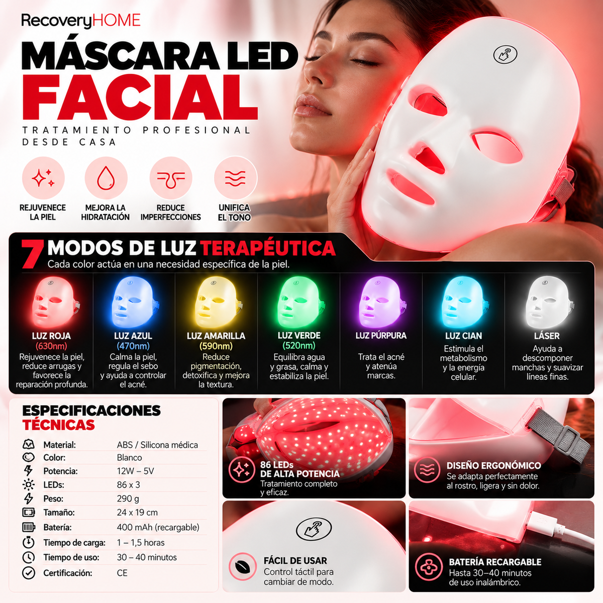 MASCARA LED FACIAL RECOVERYHOME